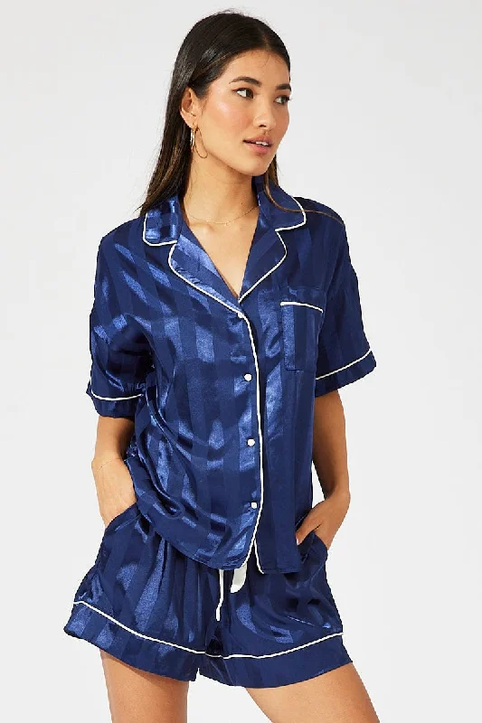 Women's Vintage-Inspired Outfit Blue Stripe Satin Stripe Pj Contrast Piping Pyjama Set