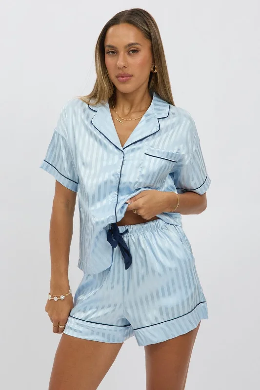 Women's Work Outfit Blue Stripe Satin Pyjamas Set Short Sleeve