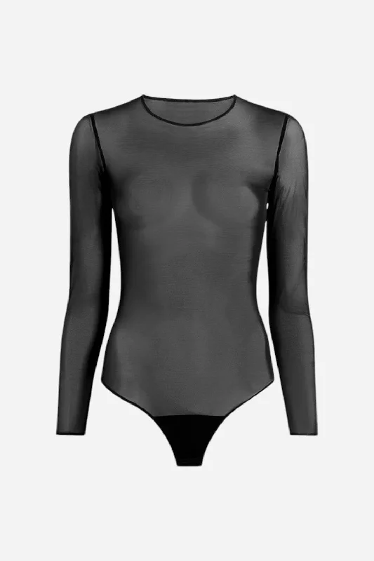 Women's Formal Event Attire Commando Chic Mesh Long Sleeve Bodysuit in Black