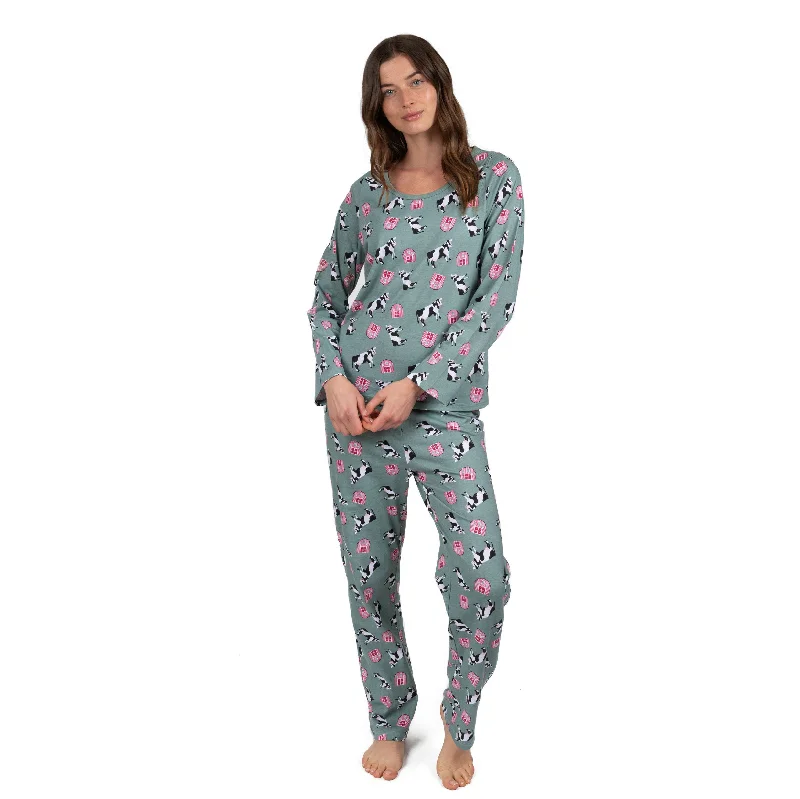 Women's Luxury Apparel Womens Two Piece Cotton Loose Fit Pajamas Cow Green