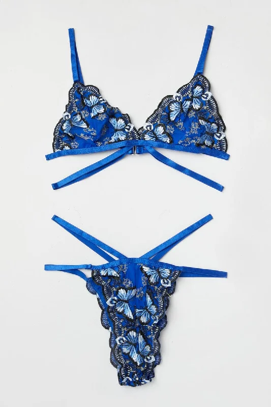 Women's Contemporary Clothing Blue Embroidery Lingerie Set