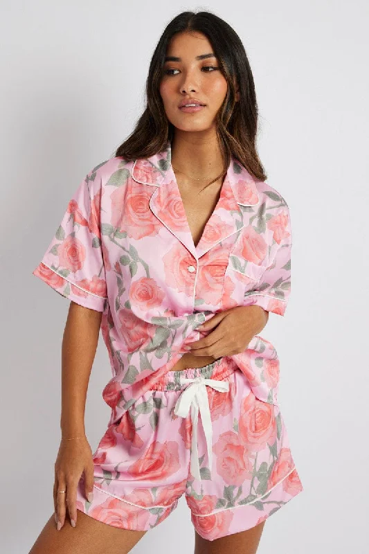 Women's Holiday Attire Pink Floral Pyjama Set Satin Short Sleeve Piping PJ