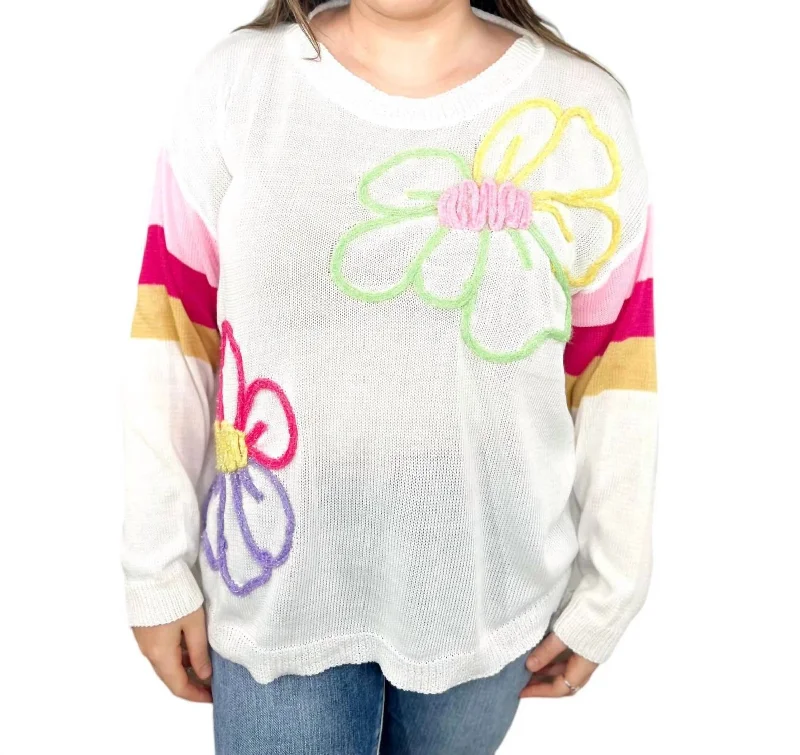 Women's Garments Striped Sleeve Flower Lightweight Sweater In Multi Color