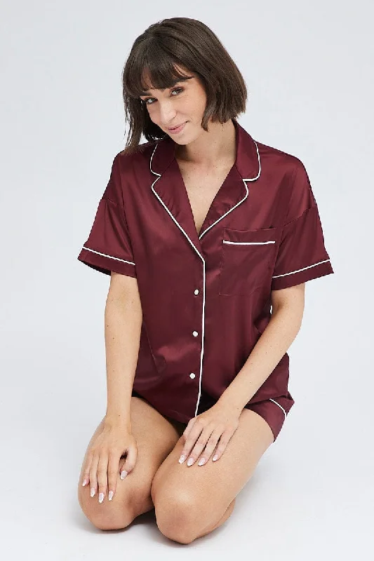 Women's Clothing Apparel Sets Brown Satin Pj Piping Button Through Pyjama Set