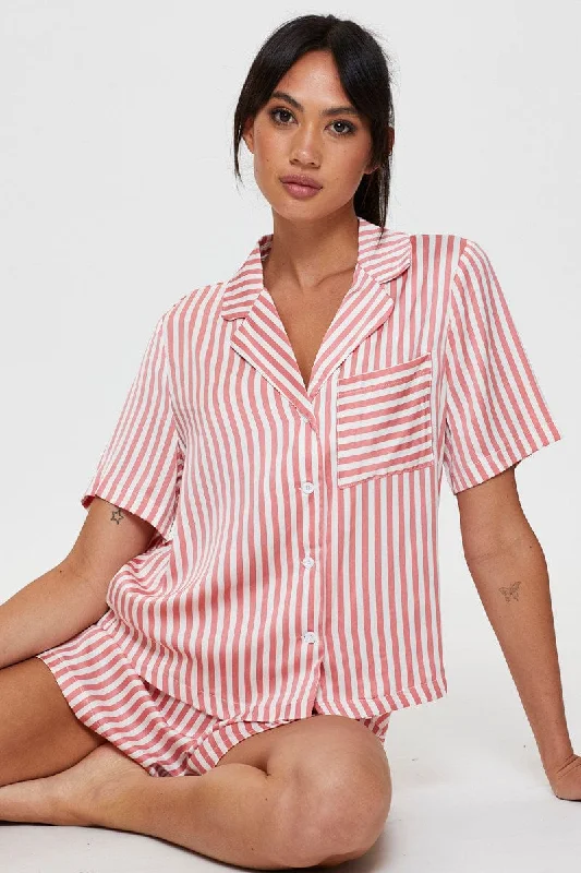 Women's Everyday Clothes Stripe Satin Pajamas Set Short Sleeve