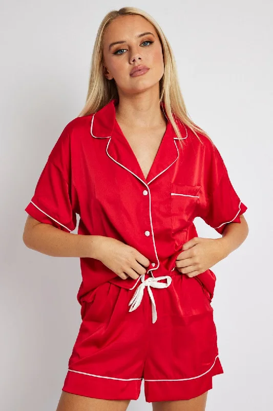 Women's Elegant Outfit Red Pyjama Set Satin Short Sleeve Contrast Piping PJ