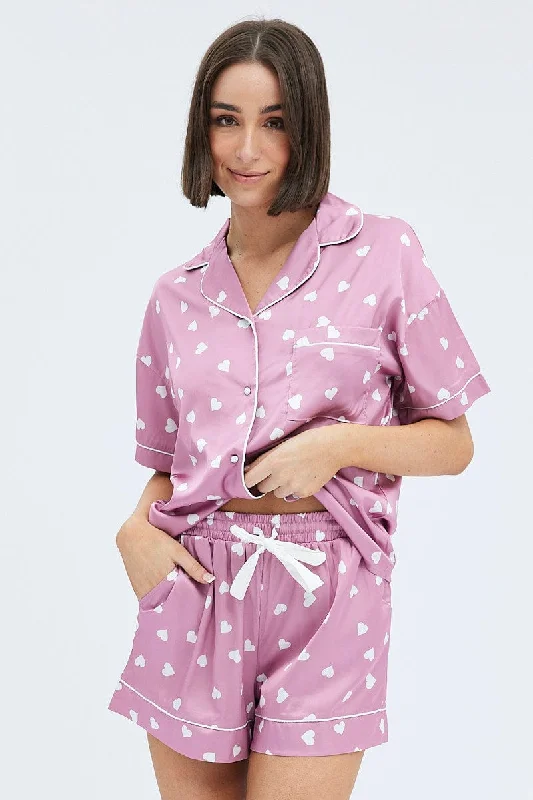 Women's Wedding Apparel Pink Polka Dot Pink Satin Hearts Contrast Piping Pyjama Set