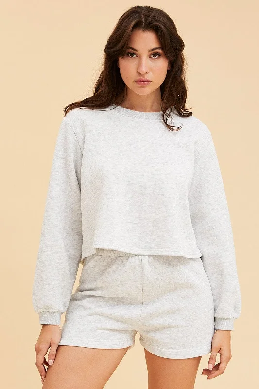 Women's Travel Outfit Set Grey Cropped Sweat Bell Sleeve Crew Neck Relaxed Fit