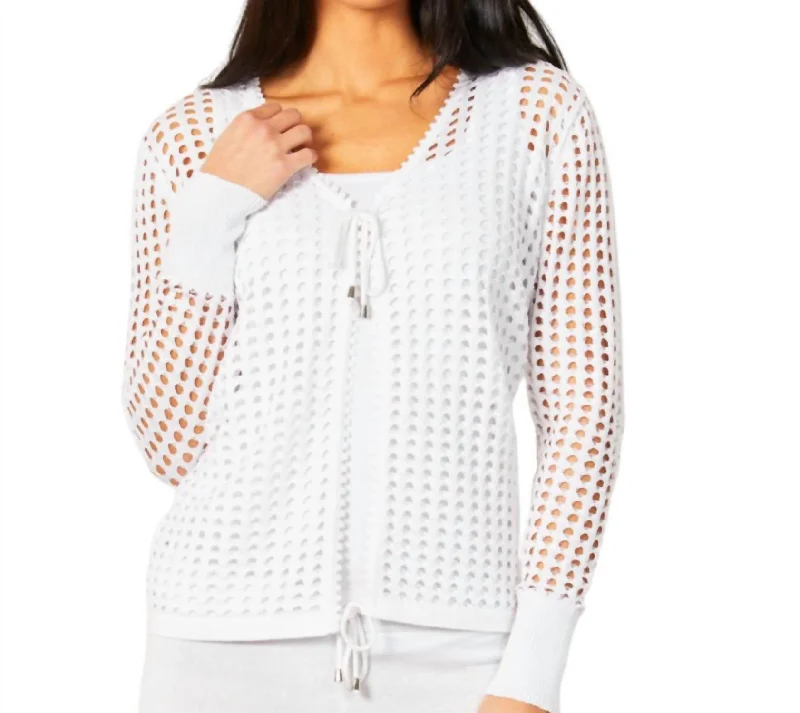 Women's Clothing Apparel Crochet Tie Up Cardigan In White