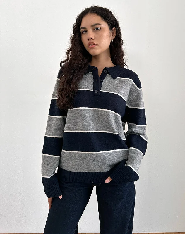 Women's Holiday Clothing Yusnada Oversized Rugby Jumper in Navy and Grey Stripe