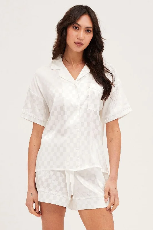 Formal Attire For Women Check Satin Pajamas Set Short Sleeve