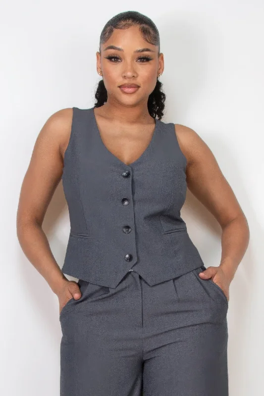 Women's Athleisure Apparel Buttoned Solid V-neck Vest Top