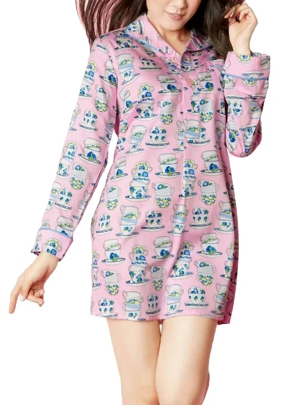 Women's Charming Outfit For Events Cuppa Tea Sateen L/s Pleated Nightshirt In Pink