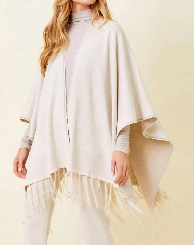 Women's Casual Outfit Blanket Stitch Detail Poncho With Fringe In Beige