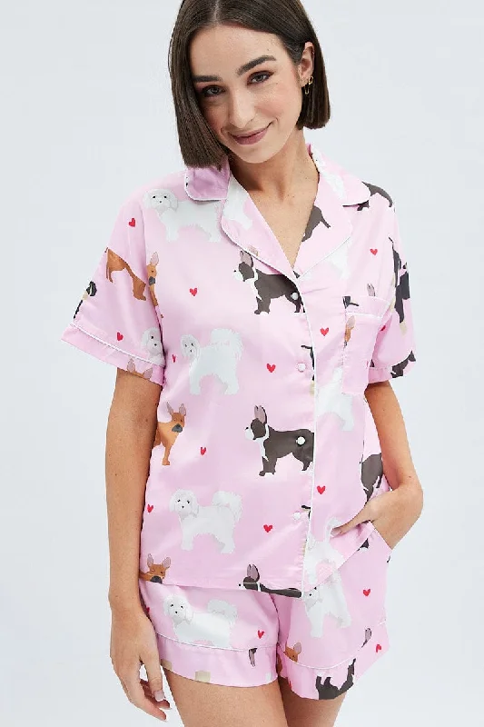 Women's Luxury Apparel Pink Print Mixed Dogs Pj Satin Piping Detail Pyjama Set