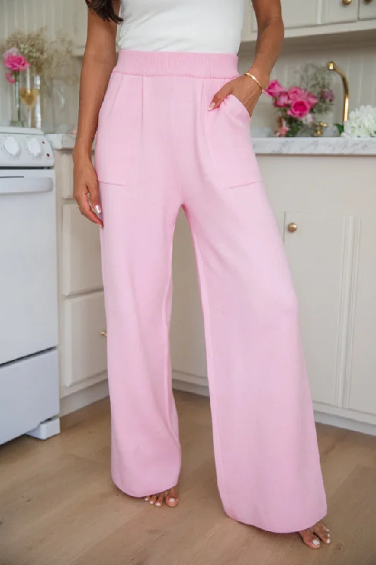 Women's Holiday Attire Let's Debrief Pink Wide Leg Sweater Pants