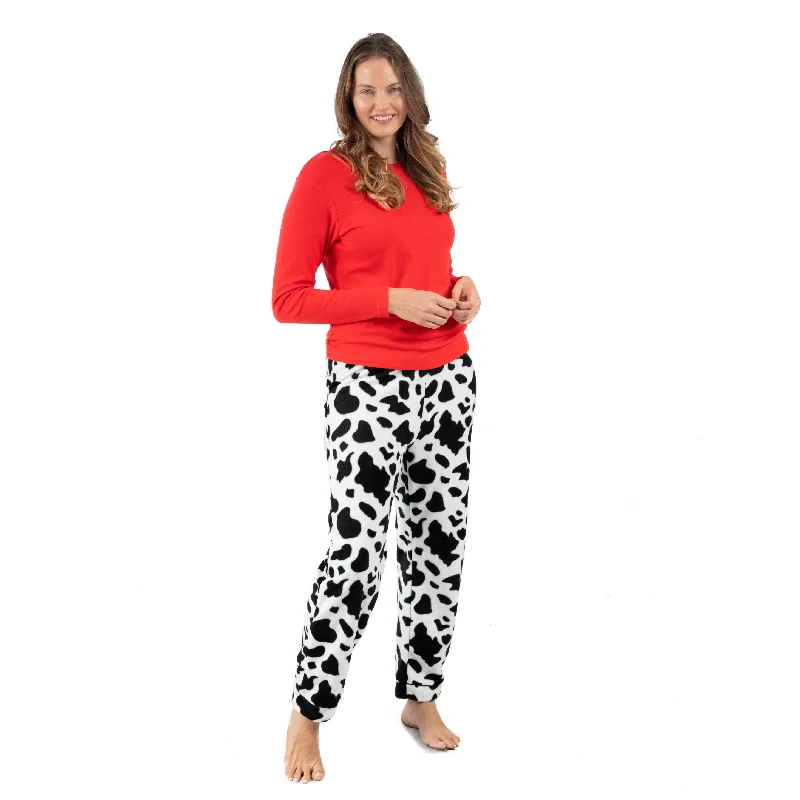 Affordable Trendy Clothes For Women Womens Cotton Top and Fleece Pant Pajamas Cow Black