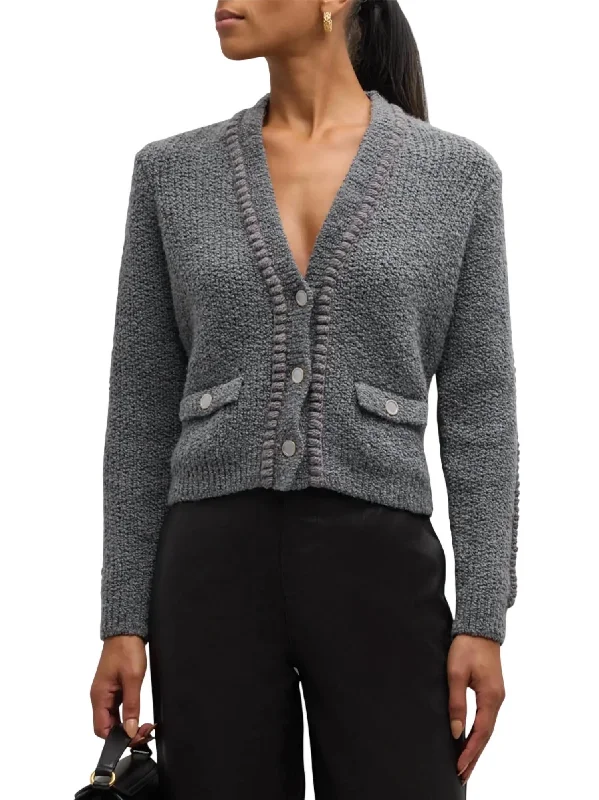 Stylish Women's Outfit Double Pocket Cropped Cardigan In Pewter