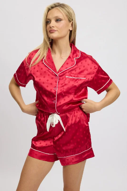 Chic Women's Outfit Red Satin Pyjamas Set Short Sleeve