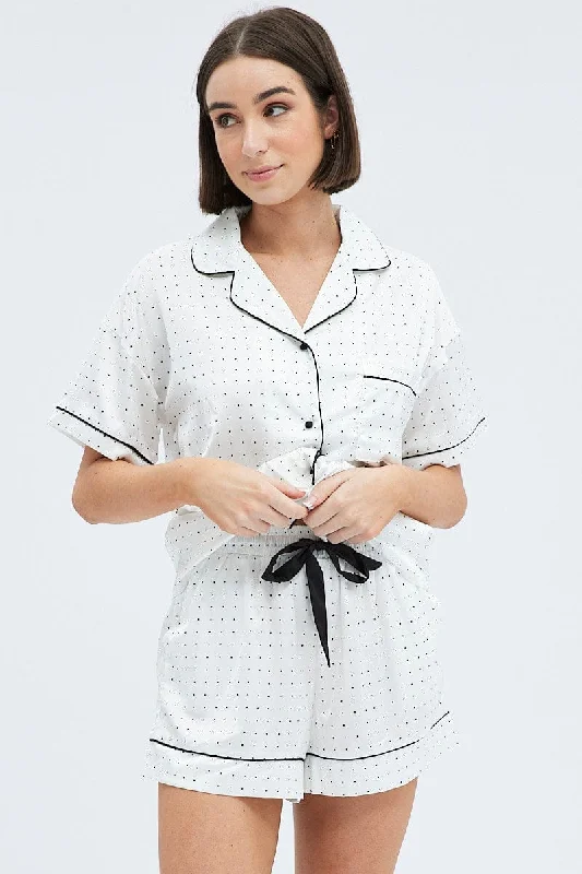 Vintage-Inspired Garments White Polka Dot Polka Pj Contrast Piping Satin Pyjama Set