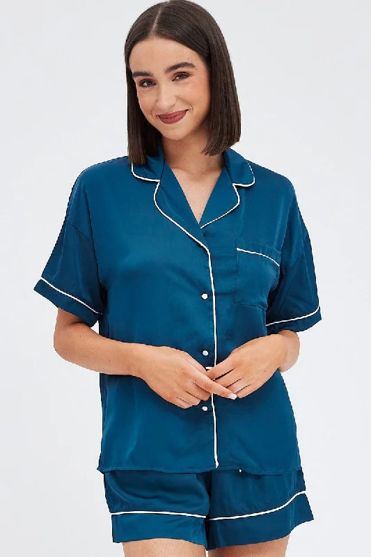 Women's Athletic Apparel Blue Satin Pj Piping Button Through Pyjama Set