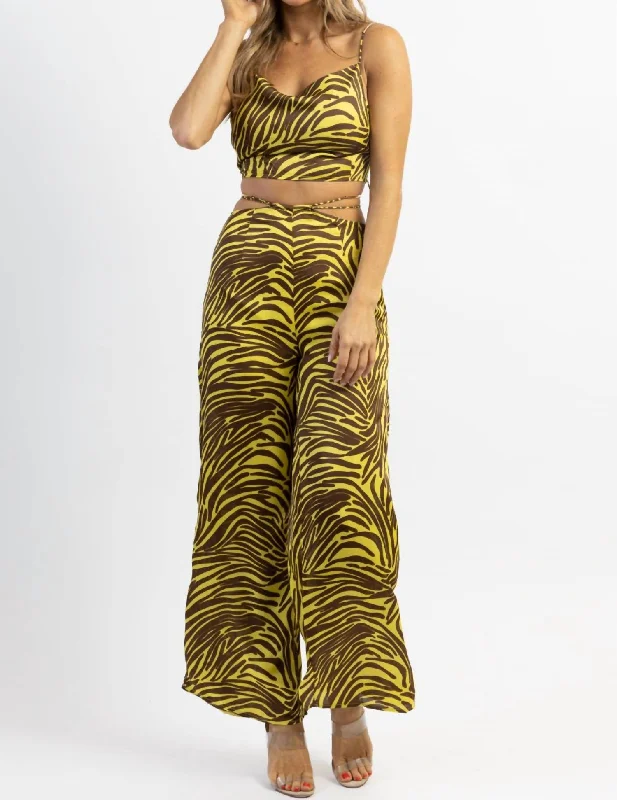 Women's Chic Apparel Zebra Wide Leg Pant Set In Lime + Brown