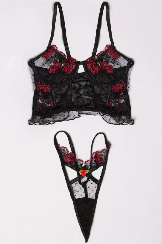 Women's Fashionable Clothing Sets Black Floral Embroidery Lingerie Set