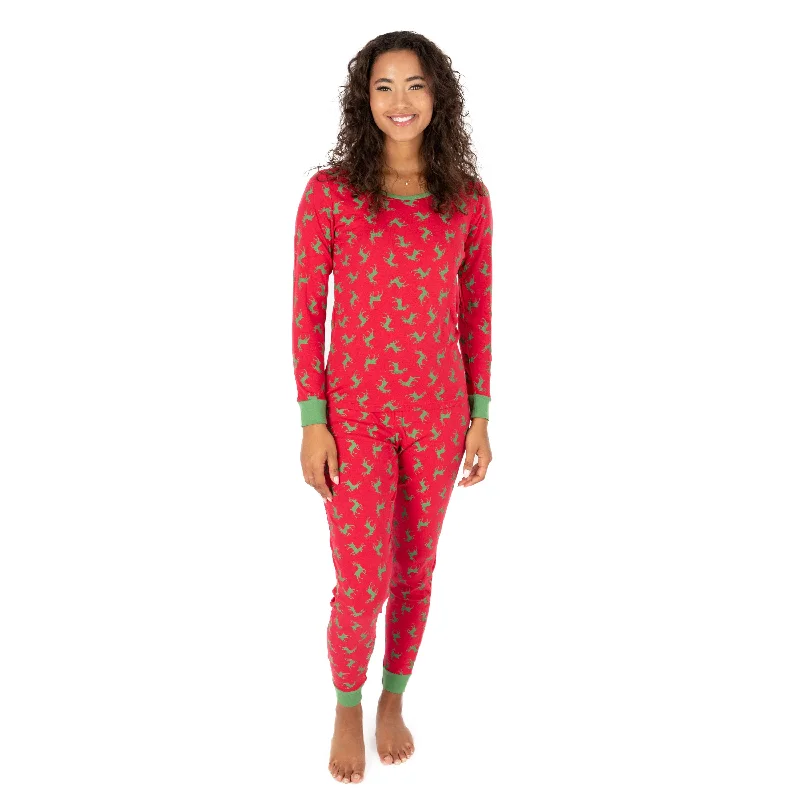 Comfortable Women's Apparel Christmas Womens Two Piece Cotton Pajamas Reindeer Red and Green