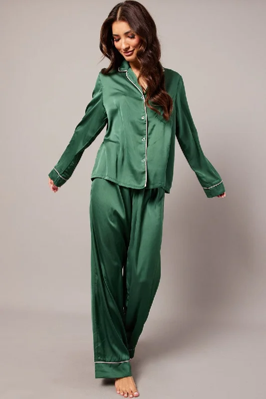 Women's Evening Attire Green Satin Pyjama Contrast Piping Long Leg Pj Set