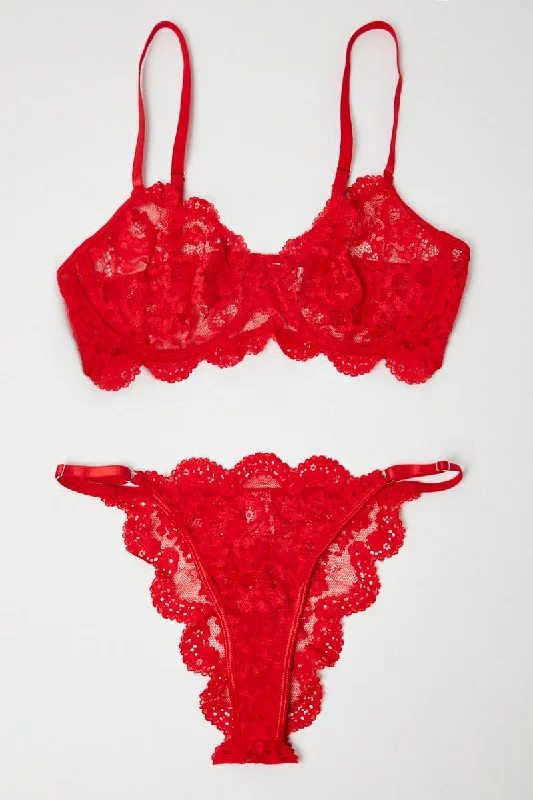 Women's Clothing Sets Red Lace Lingerie Set