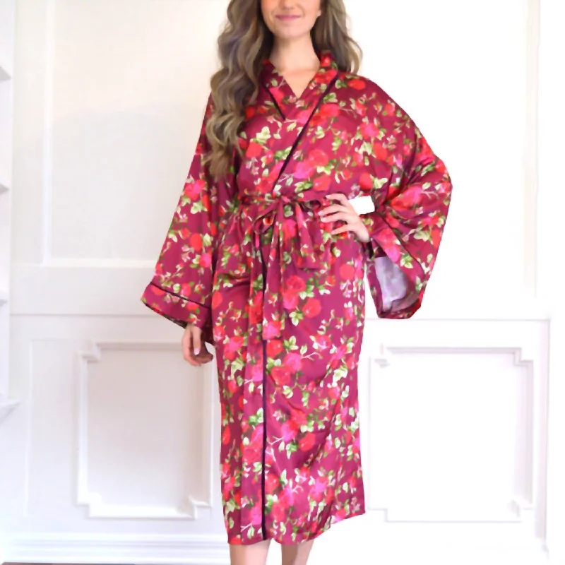 Women's Wedding Apparel Floral Satin Robe In Burgundy