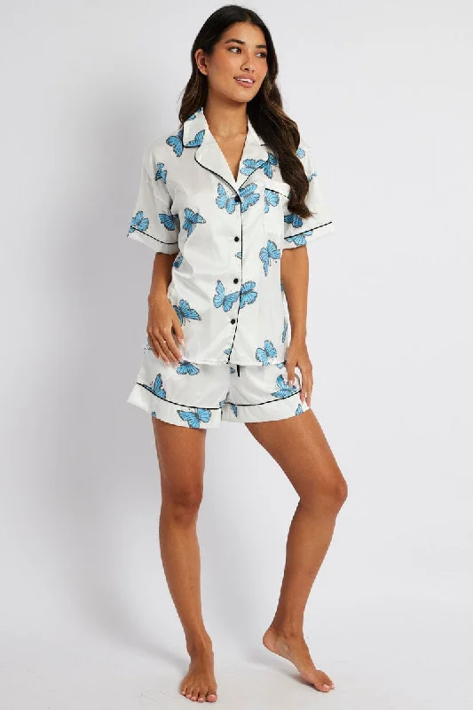 Women's Professional Attire White Print Butterfly Pyjama Set Short Sleeve Piping Satin PJ