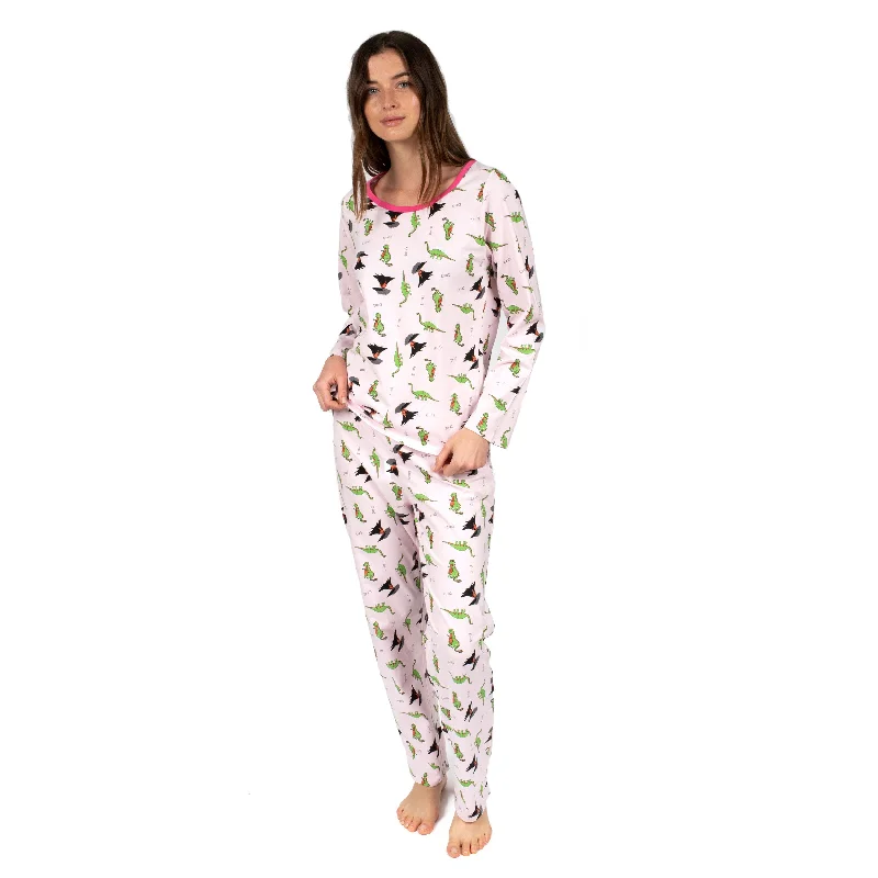 Women's Clothing And Garments Sets Womens Two Piece Cotton Loose Fit Pajamas Dinosaur Pink