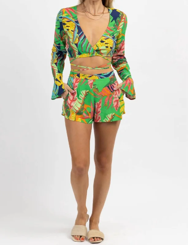 Women's Classic Outfit Bungalow Tropic Tie Top + Short Set In Green Multi