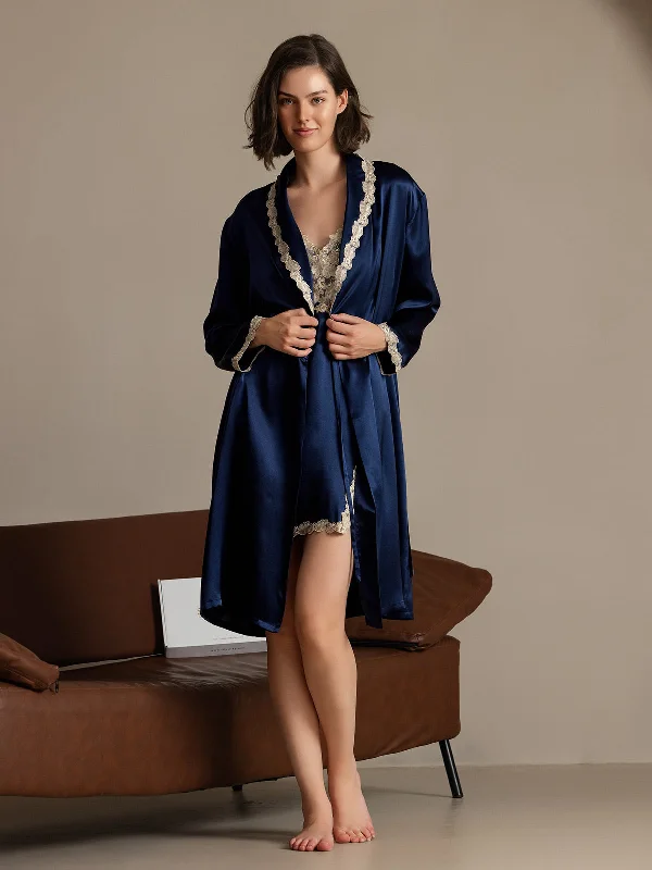 Women's High-Fashion Clothes Women's Silk Flower Trim Long Sleeve Dressing Gown