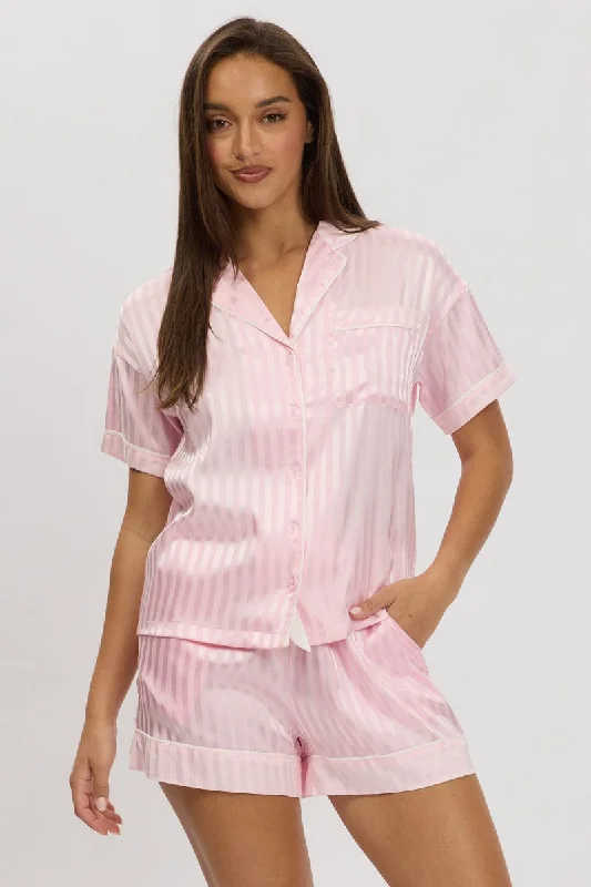 Women's High-End Clothing Pink Stripe Satin Pyjamas Set Short Sleeve