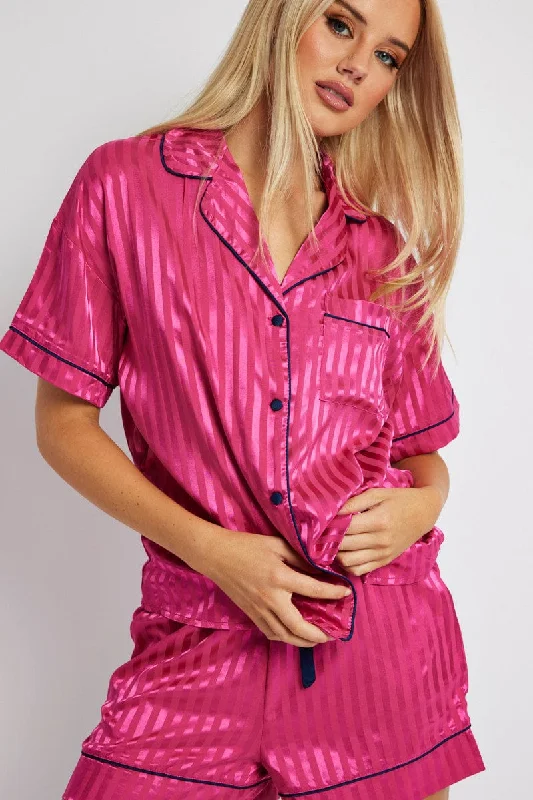 Women's Romantic Outfit Pink Stripe Pyjama Set Stripe Satin Jacquard Navy Piping PJ