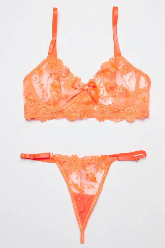 Women's Sporty Chic Clothes Orange Embroidery Lingerie Set