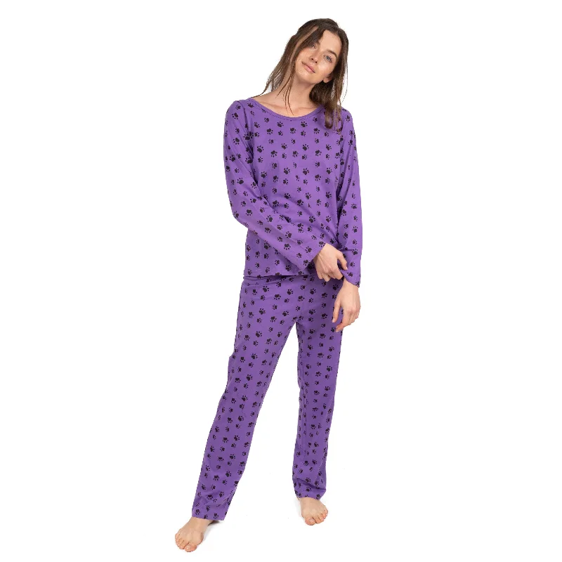 Women's Evening Wear Attire Womens Two Piece Cotton Loose Fit Pajamas Dog Paw Purple