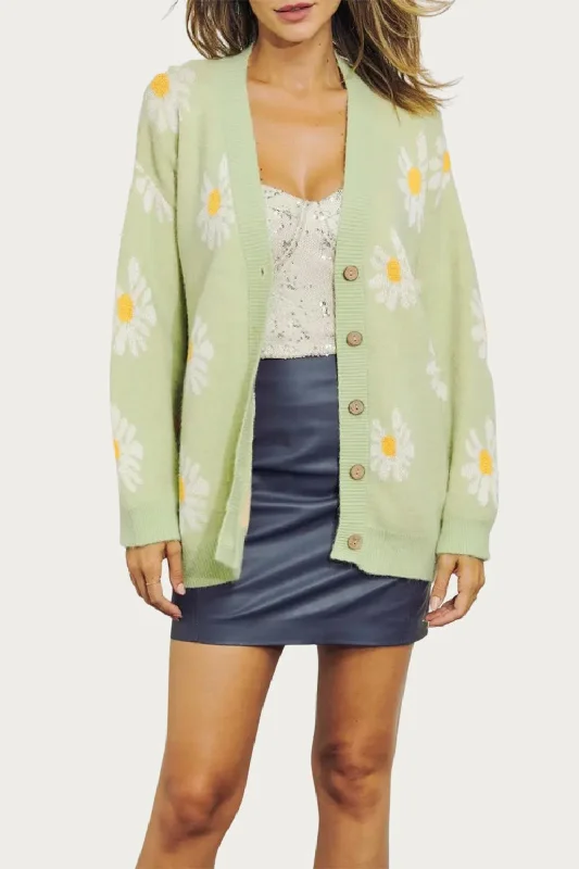 Women's Clothes For Work Events Retro Floral Knit Button-Front Cardigan In Lime