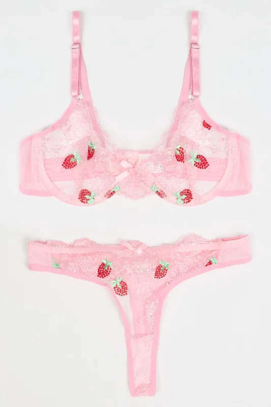 Women's Workout Garments Pink Strawberry Embroidery Lingerie Set