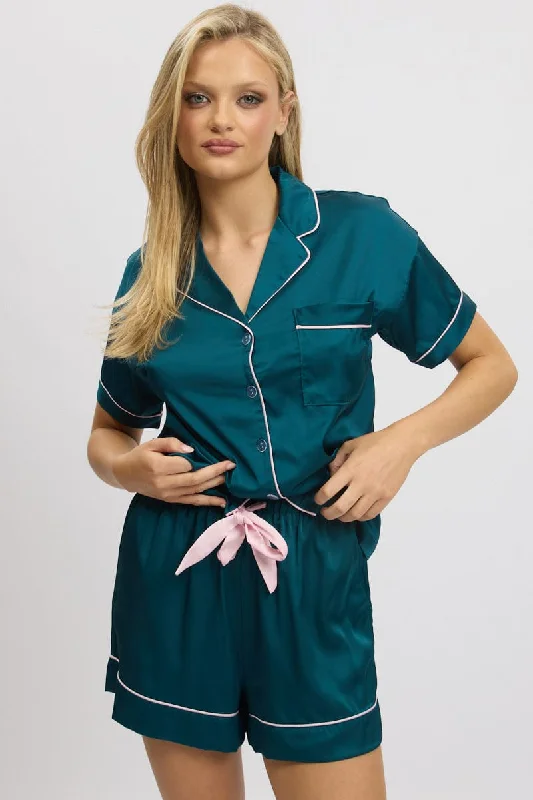 Stylish And Comfortable Clothing For Women Green Satin Pyjamas Set Short Sleeve