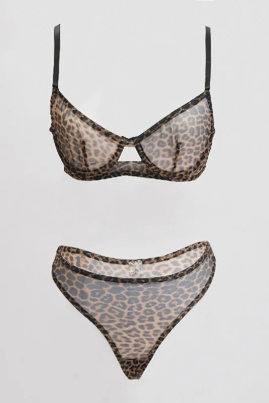 Women's Luxury Apparel Brown Animal Print Mesh Lingerie Set