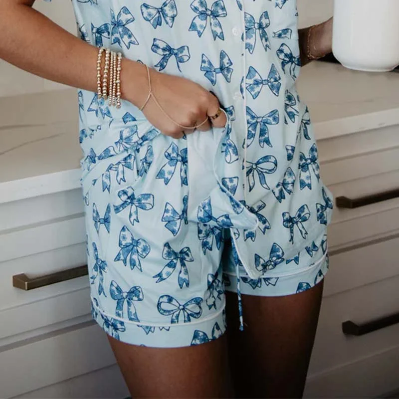 Casual Attire For Women Blue Bows Pajama Shorts