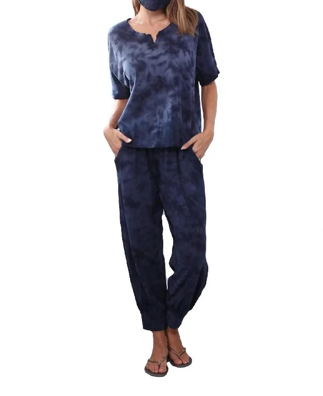 Women's Sports Apparel Jojo Cherry Cotton Jogger Paired With Short Sleeve T Shirt Set In Tie Dye Navy