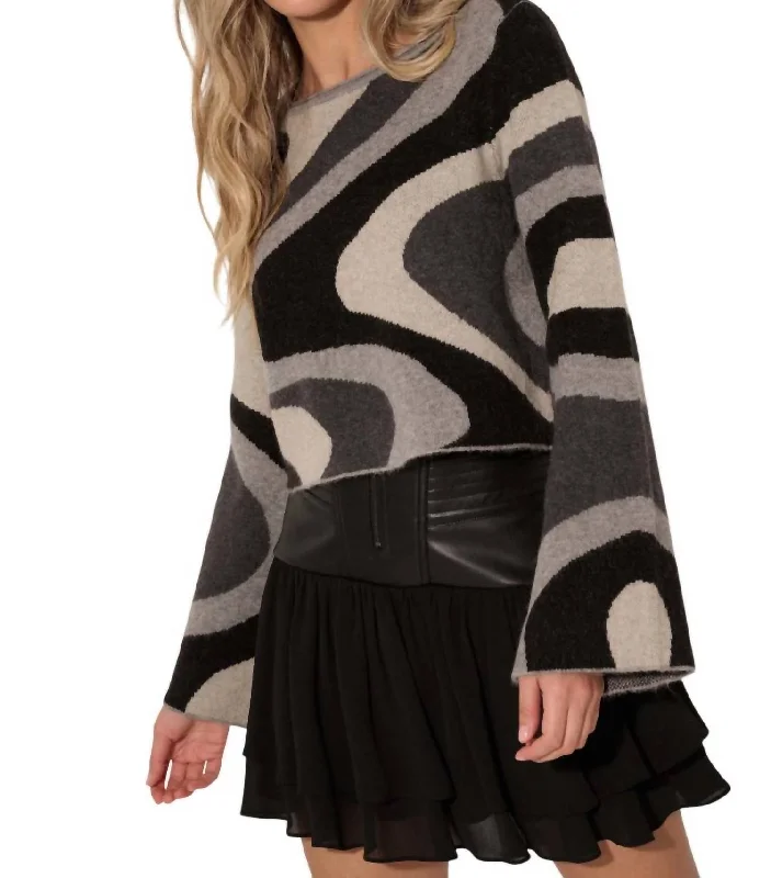 Women's Clothing For Special Occasions Swirl Raw Edge Bell Sleeve Sweater In Black/grey