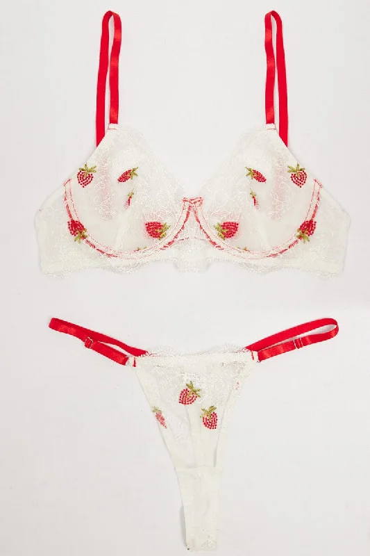 Women's Clothes For Special Occasions White Strawberry Embroidery Lingerie Set