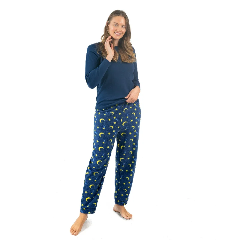 Women's Night-Out Outfit Womens Cotton Top and Fleece Pant Pajamas Moon