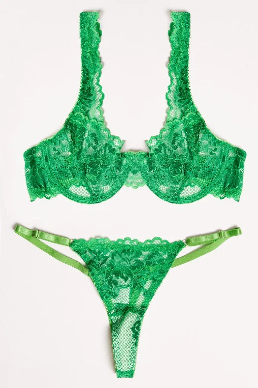 Women's Vintage-Inspired Clothing Green Lace Lingerie Set