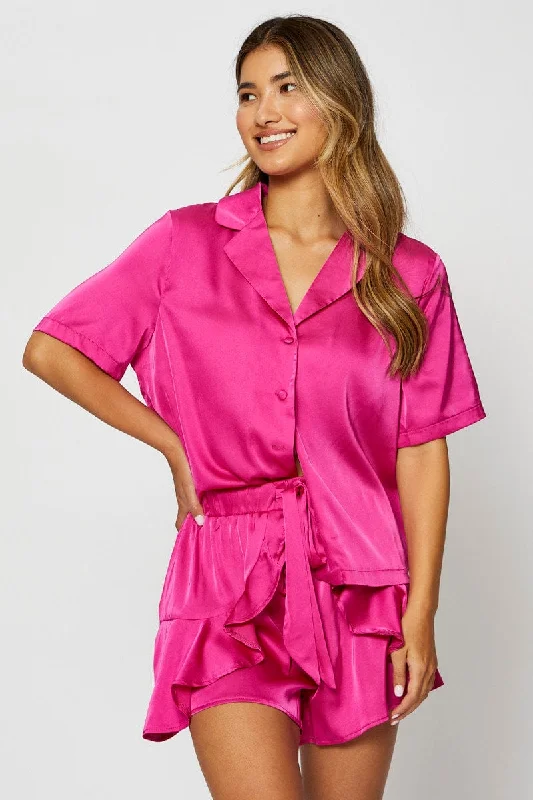 Charming Everyday Clothing For Women Pink Satin Pajamas Set Short Sleeve